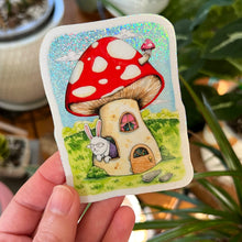 Load image into Gallery viewer, Mushroom Cottage Holographic Glitter Vinyl Die Cut Durable Sticker
