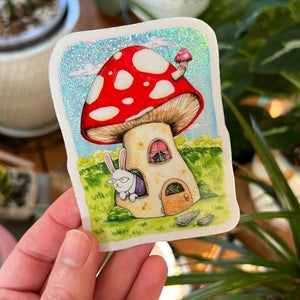 Mushroom Cottage Holographic Glitter Vinyl Die Cut Durable Sticker