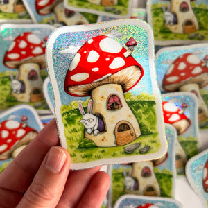 Mushroom Cottage Holographic Glitter Vinyl Die Cut Durable Sticker