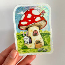 Load image into Gallery viewer, Mushroom Cottage Holographic Glitter Vinyl Die Cut Durable Sticker
